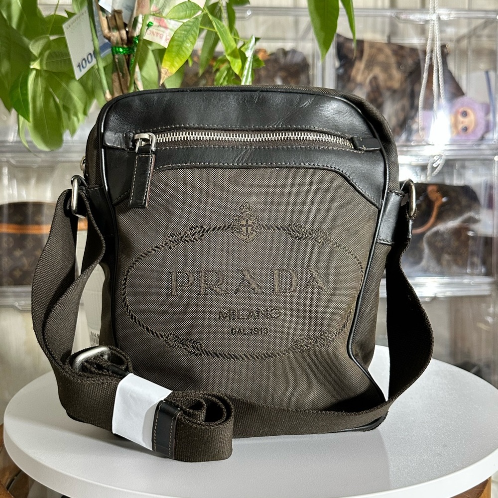 Authentic Prada Black and Brown unisex Messenger Cloth Bag